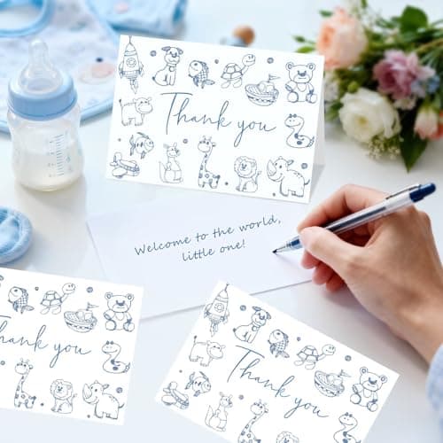 Oaken Leaford 48-Pack Baby Shower Thank You Card Set with Envelopes & Stickers, Cute Blue Cartoon Design Blank Note Cards for Newborn Celebrations - Thumbnail 5