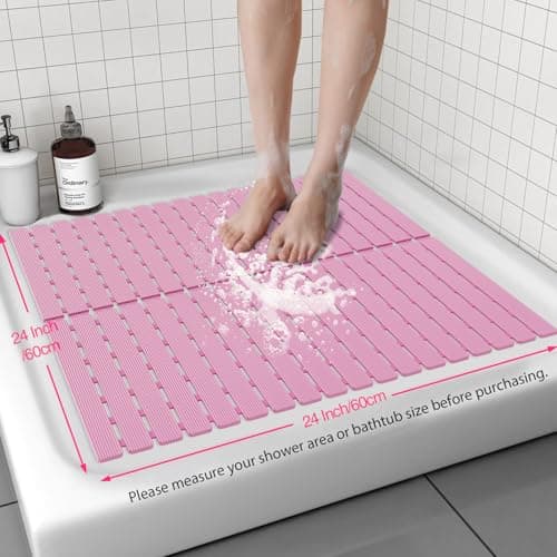 Shower Mat Non-Slip Bath Mat for Tub and Shower Stall,236 Suction Cups with Drain Holes, Quick Dry Machine Washable, Extra Grip for Stand Up Showers, Bathroom Essentials 24x24 Inch (Pink) - Thumbnail 2