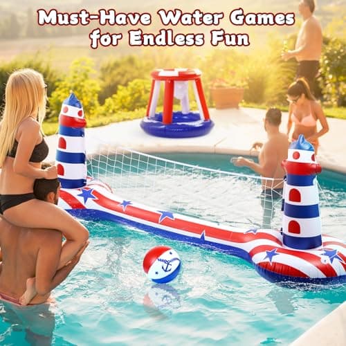 EagleStone Inflatable Pool Float Set with Volleyball Net & Basketball Hoop,2-in-1 Floating Water Games for Kids Adults, Backyard Beach Summer Toys, Heavy-Duty PVC Family Pool Party Essentials - Thumbnail 4