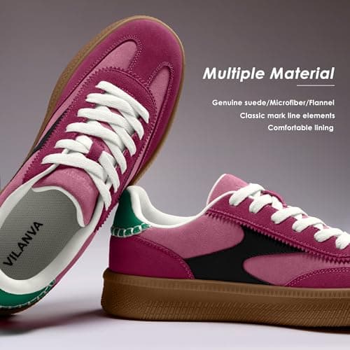 Vilanva Women's Fashion Sneakers Casual Tennis Shoes with Genuine Suede Classic Retro Gum Sole Walking Trendy Footwear Pink Multi - Thumbnail 4