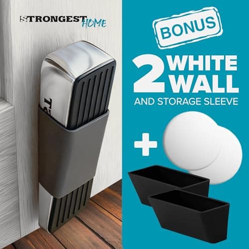 Strongest Home Heavy Duty Door Stopper Wedge (2 Chrome PCs) | Non-Slip Rubber and Metal Door Stop for Heavy Doors | Work on Wood, Tile, Carpet + 2 White Wall Protectors - Thumbnail 5