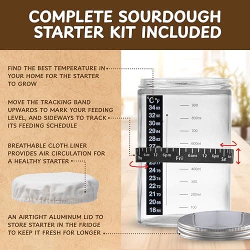 Complete Sourdough Bread Starter Kit, Glass Sourdough Starter Jar Kit & Tons of Sourdough Baking Supplies - Sourdough Starter Kit Includes Sourdough Jar, Banneton Bread Proofing Basket & More - Thumbnail 6