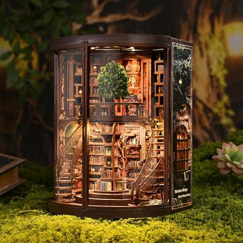 Havefunfun Wisdom Tree Library Book Nook Kit, DIY 3D Wooden Puzzle with Rotating Staircase, LED Light & Dust Cover, Premium Solid Wood Bookend, Vintage Decor, Creative Gift for Adults & Book Lovers - Thumbnail 2