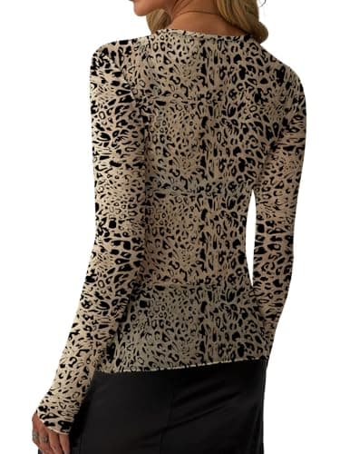 GKBK Womens Mesh Long Sleeve Tops Crew Neck Sexy See Through Tee Dressy Casual Shirts Party Club Night Lace Blouse Western Wear Outfit Clothes Going Out Clothing Leopard M - Thumbnail 3