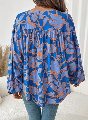 Astylish Womens Boho Floral Loose Spring Summer Tops Trendy Beach Vacation Clothes Lantern Sleeve Flowy Blouses V Neck Breathable Button Down Business Casual Shirts Blue Medium - Thumbnail 6