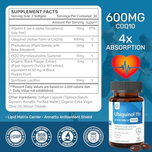 Ubiquinol CoQ10 600mg with PQQ, Vitamin E & Plant Sterols – High Absorption Formula with Black Pepper & Sunflower Lecithin – Heart Health, Energy Production & Antioxidant Support丨60 Softgels - Thumbnail 2