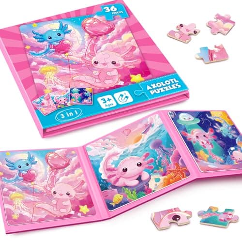 Magnetic Jigsaw Puzzles for Toddlers Kids 3-8 Girls,(3 36-Pieces) Travel Puzzles Toys for Kids Ages 4-6,Take-Along Car Airplane Road Trip Activities Game for 3 4 5 6 7 8 Year Old Birthday Gift,Axolotl - Image 1