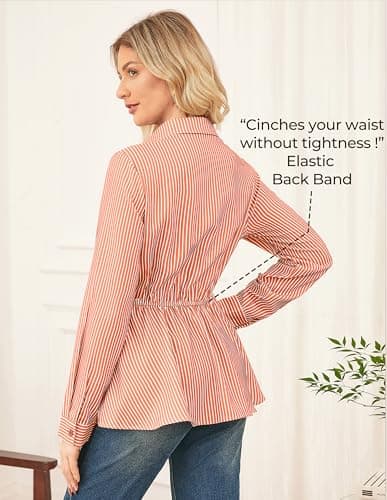 GRACE KARIN Peplum Tops for Women Tie Front Striped Button Down Shirt Collared Long Sleeve Business Casual Work Office Blouse Orange - Thumbnail 6