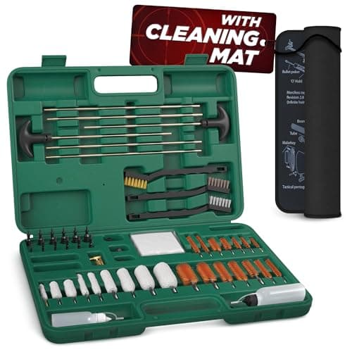 55-Piece Universal Gun Cleaning Kit for Rifles, Pistols & Shotguns – Gun Cleaning Kits for All Guns with Brass Rods, Caliber-Marked Storage & 13.7"×11.8" Mat in Case – Fits .17–.54 Calibers & 12/20GA