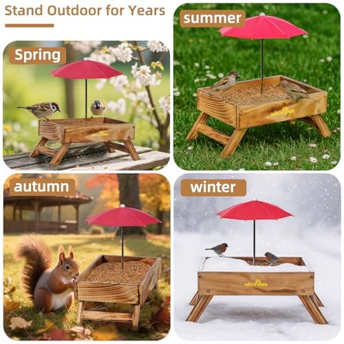 Ground Bird Feeder for Outdoors Bird&Squirrel Feeder Wooden Chicken Picnic Table Platform Feeder Wild Bird Feed Crow Feeder for Outside with 5 LBS Capacity (Brown) - Thumbnail 5