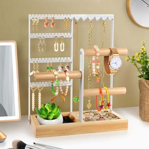Godboat Jewelry Organizer, 4-Tier Earring Holder Organizer with 48 Holes, 6 Hooks Necklace Rack, Bracelet and Ring Stand with Wood Box, Gifts for Mothers Mom Women, Preppy Stuff & Room Decor, (White) - Thumbnail 5