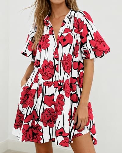 PRETTYGARDEN Womens Summer Dresses 2026 Casual Puff Sleeve Button Down Mini Shirt Dress Boho Floral Babydoll Sun Dress(Red,X-Large) - Thumbnail 2