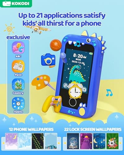 KOKODI Kids Smart Phone Toys, Touchscreen HD Dual Camera Cell Phone for Kids, Birthday Gifts Dinosaur Toddler Play Phone for Boys 3-10, Travel Learning Toy with 8GB SD Card(Navy Blue) - Thumbnail 3