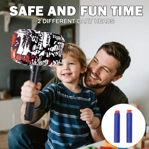 TENTAM Dart Blasting Hammer Toys with Lights - Kids Roleplay Toy Thunder Mjolnir Shooting Games for Kids, Birthday Gift, Party Favors Includes 30 Darts 1 Target(Colorful) - Thumbnail 5