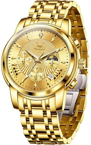 OLEVS Watch Men Gold Watches for Men Luxury Mens Watches Dress Wrist Watch for Man Wateproof Analog Quartz Stainless Steel Large Face Chronograph Moon Phase Date Luminous Golden Reloj para Hombre - Image 1