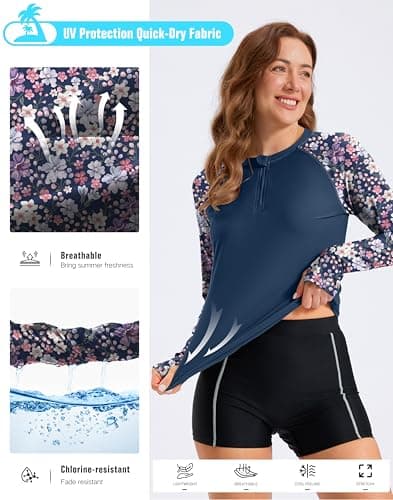 Viodia Womens Swim Shirt UPF50+ Rash Guard Long Sleeve Swimsuit Top Sun Protection Shirts Bathing Suit with Zipper Purple Flower XL - Thumbnail 6