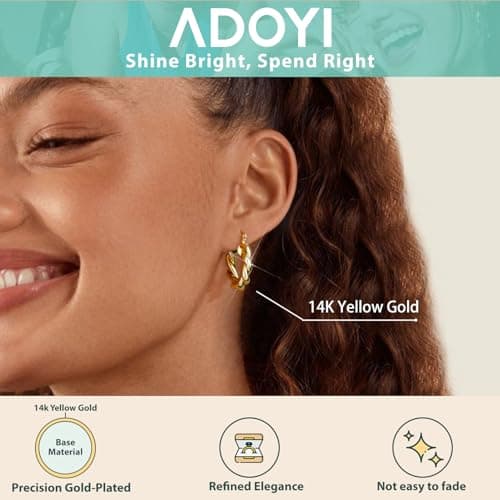 Adoyi Gold Hoop Earrings Set for Women Girls Trendy 14K Plated Gold Hoops Small Chunky Earrings Twisted Huggie Ear ring Pack Lightweight 9 Pairs Jewelry Set for Valentines Mother's Day Birthday Gifts - Thumbnail 6