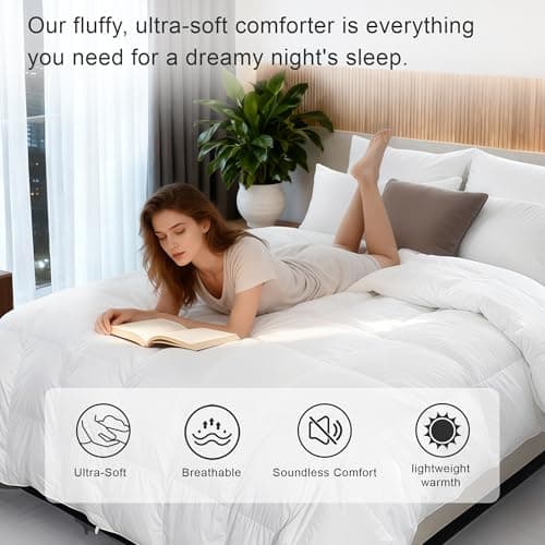 ALPSWAN Luxury Goose Feather Down Fiber Comforter King Size, 300TC White Cotton Blended Duvet Insert, All Season Hotel Bedding Alternative Down Comforter with Corner Tabs (White, King) - Thumbnail 3