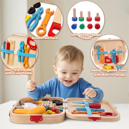 59Pcs Kids Tool Set Toy for Boys - Montessori STEM Wooden Play Tool Box Kit with Electric Drill with 2 Types Bits - Educational Christmas Birthday Gifts for Boys Toddlers Kids Age 3 4 5 6 Years Old - Thumbnail 5