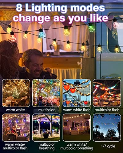 Solar String Lights Outdoor Waterproof,50FT 25LEDs Warm White & Multicolor Hanging Lights G40 Globe Solar Powered String Lights Outdoor with 8 Modes,Timer,Solar String Light for Outside Patio Yard - Thumbnail 4