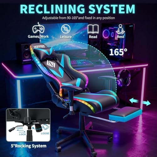 Led Gaming Chair with Speakers Massage 165° Reclining Computer Chairs-Blue - Thumbnail 6