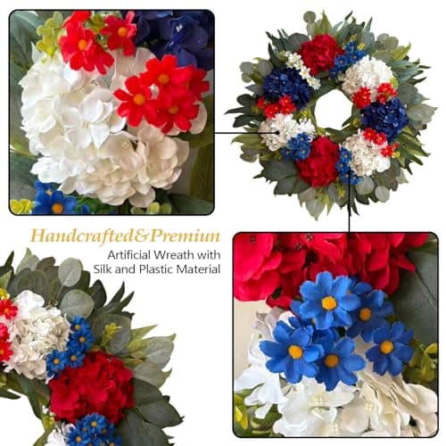 WANNA-CUL 250th Year Patriotic Wreaths for Front Door Decorations, 24 Inch 4th of July Hydrangea Wreath, Red White Blue Spring Door Wreath for Independence Day, Memorial Day for Indoor Outdoor Decor - Thumbnail 5