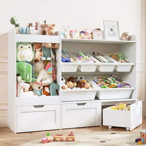 VortinT Kids Toy Storage, 50.6" W x 41.3" H Large Toy Organizers and Storage Cabinet with 6 Plastic Bins, 3 Rolling Drawers, Stuffed Animal Zoo, Wooden Organization Shelf for Playroom, Nursery(White) - Image 1