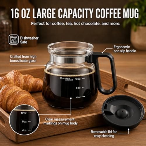 Coffee Pot Mug with Lid,16 Oz Glass Mini Coffee Cup | Spill Proof Heatproof Large Capacity Clear Travel Mug & Novelty Gift for Coffee Lovers & Office Desk (Coffee Pot-1 PCS) - Thumbnail 2