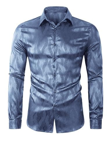ZAFUL Mens Long Sleeve Shirts Button Up Solid Casual Jacquard Business Formal Silky Dress Shirt Blue S - Image 1