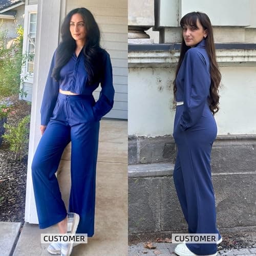 EXLURA Womens 2 Piece Outfits Long Sleeve Zip Up Crop Jackets Long Wide Leg Pant Suits Spring Airport Travel Matching Sets - Thumbnail 3