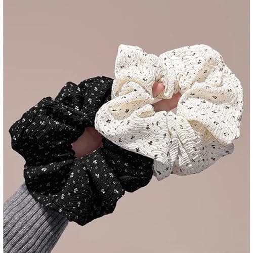 Jseng 2PCS Large Scrunchies for Hair, Polka Dot Hair Ties, Beige and Black - Thumbnail 3