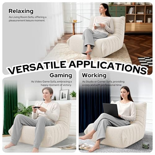 HABUTWAY Bean Bag Chairs Fireside Lazy Floor Sofa, Soft Teddy Fleece Bean Bag Sofa with High-Resilience Foam Filling，Beanbag for Living Room, Bedroom, Office (Beige Teddy) - Thumbnail 5
