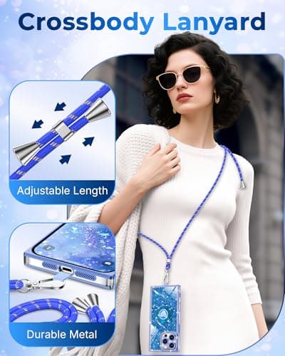 XYZ for iPhone 16 Pro Max Case, Glitter Bling Phone Cover with 2-Ring Heart Stand & Lanyard, Women Girls Luxury Rhinestone Shockproof Protective Case for iPhone 16 Pro Max, Blue - Thumbnail 3