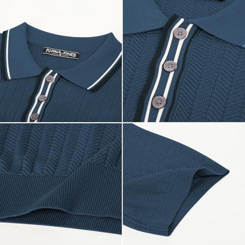 PJ PAUL JONES Polo Shirts for Men Knitted Textured Polo Shirts Collared Knit Polo T-Shirts for Men Night Out Blue M - Thumbnail 5