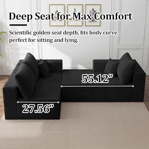 92.5" Modular Sectional Sofa, L-Shaped Cloud Couch with Deep Seats and Chaise, Upholstered Corduroy Boneless Couch for Living Room Small Space, No Need Assembly - Black(Left Facing Chaise) - Thumbnail 5