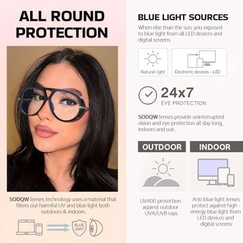 SODQW Oversized Aviator Blue Light Blocking Glasses Women with Earring Trendy Large Big Double Bridge Designer Eyewear - Thumbnail 3