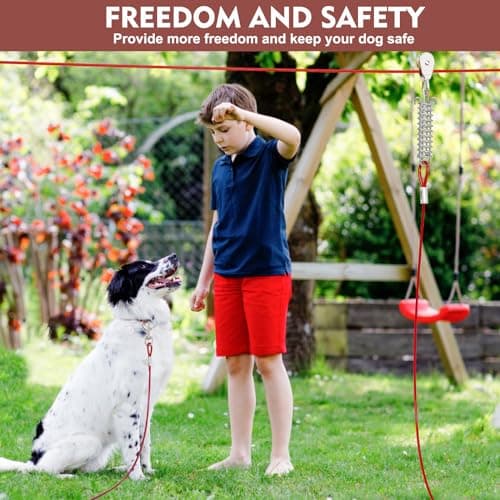 LUFFWELL 200FT Dog Runner for Yard with 15FT Tie Out Cable - Heavy Duty Dog Run Cable for Large Dogs Up to 250LBS, Backyard/Park/Camping Use (Red, 200FT+15FT) - Thumbnail 6