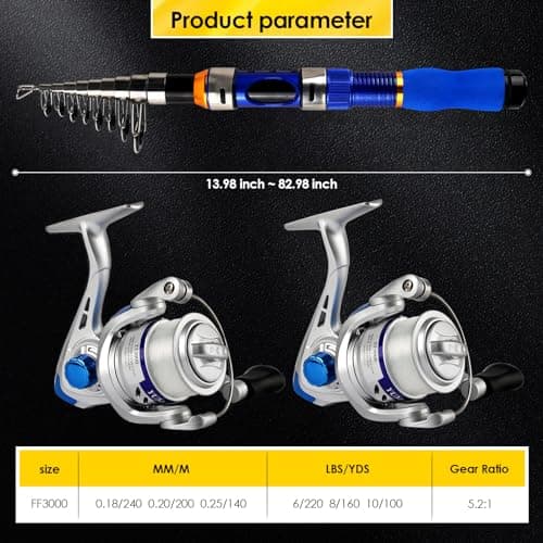 Telescopic Fishing Rod Reel Combo 2PCS 6.89FT Collapsible Fishing Pole Spinning Reel Lures Accessories with Fishing Bag Portable Fishing Rod Kit for Saltwater Freshwater Travel Fishermen Gift (Blue) - Thumbnail 4