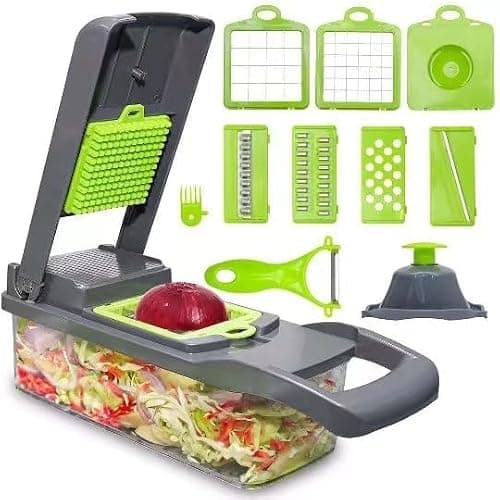 LSLCQW Vegetable Chopper: 16 in 1 Food Chopper - Onion Vegetable Slicer Cutter Dicer, Veggie Cutter with Container, 7 Blades, Kitchen Gadgets for Carrot Salad Garlic Potato Slicer (Grey) - Thumbnail 2