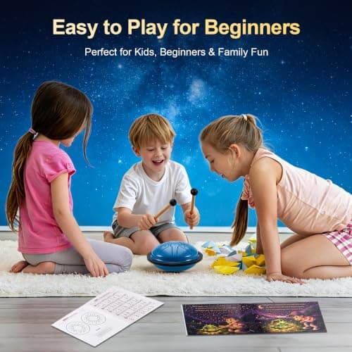 EX Steel Tongue Drum UFO Shape Design, Space Story Gift Set with Book & Stickers, 5.3 Inch 8 Notes Rain Drum for Outside Garden, Musical Instruments for Kids Adult Gift, Calming Drum, Blue - Thumbnail 6