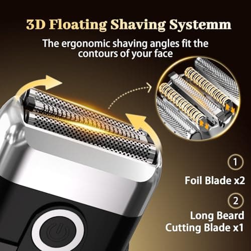 HENZILO Electric Foil Shaver for Men: Mini Electric Razor for Face/Beard - 3 Floating Blades Cordless Razor with LED Display - IPX7 Waterproof Wet Dry Shaving for Travel & Home, USB Type C - Thumbnail 2