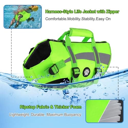 Dogcheer Dog Life Vest High Buoyancy Safety Jacket with Rescue Handle, Dog Swim Vest with Zipper, Reflective Adjustable Dog Flotation Vest for Water Swimming Boating - Green, M - Thumbnail 3