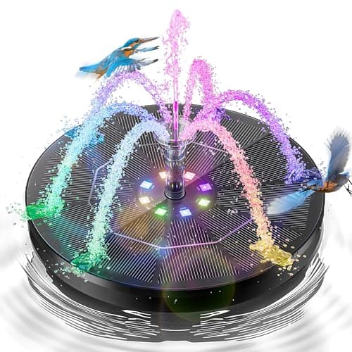 3.5W Solar Fountain,Upgraded 100% Glass Panel Solar Bird Bath Fountain with 2000mAh Battery,7 Color RGB LED Lights & 6 Nozzles,Solar Fountain for Bird Bath,Garden, Pond, Pool, Outdoor Decor(Black) - Image 1
