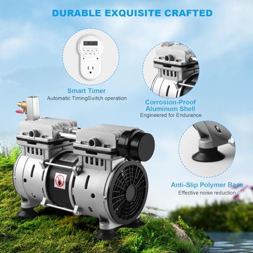 Pond Aerator, Ponds & Lake Aeration System, 5.76CFM for Up to 3 Acre, Includes 3/4 HP Compressor, 100' Weighted Tubing, 2 Diffusers for Outdoor Large Pond & Lake Aerator Pumps Water Oxygen Circulation - Thumbnail 6