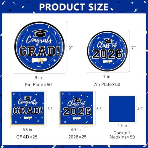 Labrostar Graduation Decorations 2026 Class of 2026 Congrats Grad Disposable Paper Plates Luncheon Napkins Cocktail Napkins Blue Graduation Party Supplies Serve 50 - Thumbnail 4