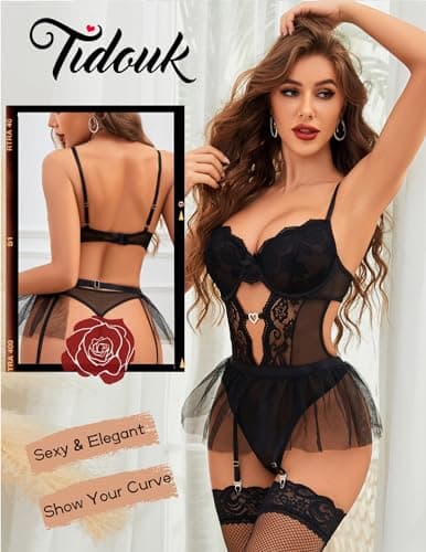 Tidouk Women's lingerie Sets Sexy Lace Lingerie Bodysuit with Detachable Mesh Mini Skirt Garter Lingerie Set（Black,Medium - Thumbnail 2