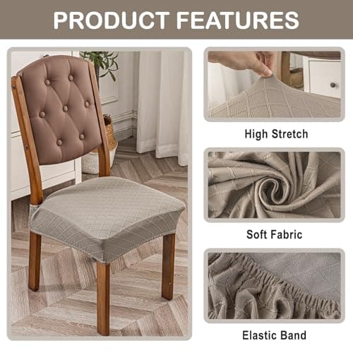 Genina Waterproof Seat Covers for Chairs,Set of 4 Dining Room Chair Seat Covers for Kitchen,Stretch Jacquard Removable Washable Dining Chair Slipcovers Protectors,No Rear Covers, Taupe - Thumbnail 4