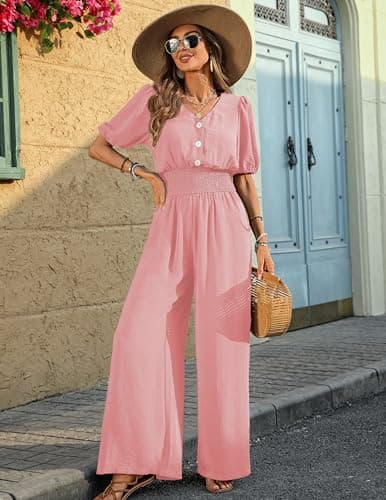 LOOKBOHO Womens Jumpsuits Dressy Puff Smocked High Waist Short Sleeves Wide Leg Rompers Formal V Neck One Piece Pink XXL - Thumbnail 2