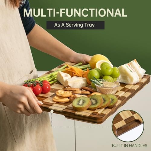 Decorative Checkered Thick Bamboo Cutting Board, End Grain Wood Chopping Board for Kitchen, Non-slip, Long-Lasting & Crack-Resistant, Serving Tray, Perfect Housewarming Gift 16.5”x11.6”x0.8” - Thumbnail 5