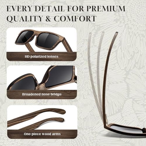 SUNGAIT Ebony Zebra Wood Sunglasses for Men Rectangular All-wood Frame Polarized Lens with Hard Gift Case (Ebony Wood Frame/Grey Lens) - Thumbnail 4